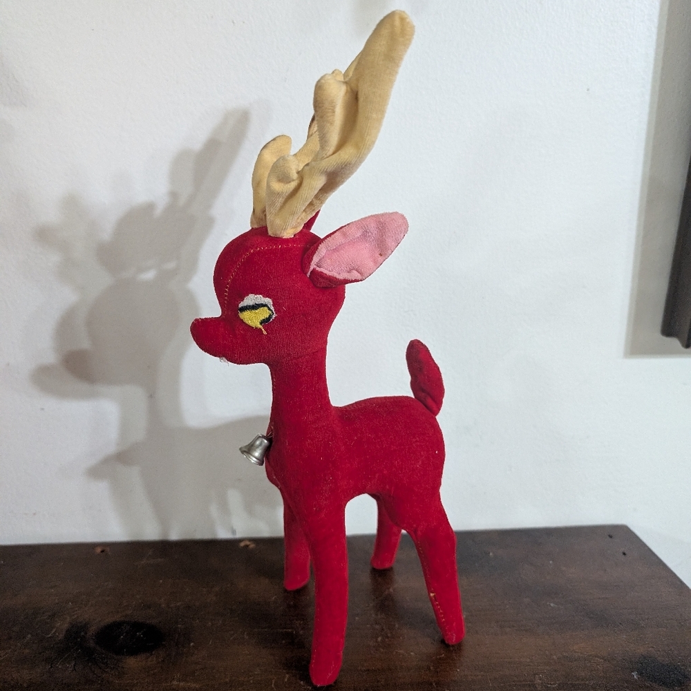 Vintage Mid-Century Red Velvet Felt Reindeer with Bell Made in Japan MCM - Spots